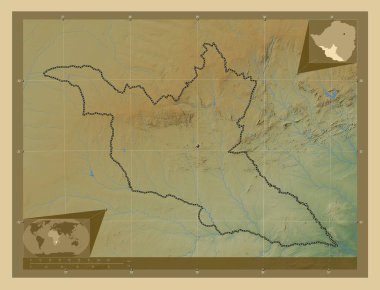 Güney Matabeleland, Zimbabwe vilayeti. Gölleri ve nehirleri olan renkli yükseklik haritası. Köşedeki yedek konum haritaları