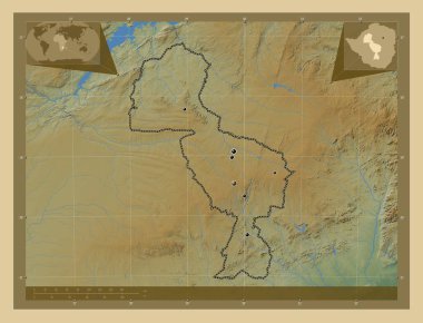 Midlands, Zimbabwe eyaleti. Gölleri ve nehirleri olan renkli yükseklik haritası. Bölgenin büyük şehirlerinin yerleri. Köşedeki yedek konum haritaları