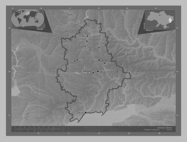 Donets 'k, Ukrayna bölgesi. Gölleri ve nehirleri olan gri tonlama yükseklik haritası. Bölgenin büyük şehirlerinin yerleri ve isimleri. Köşedeki yedek konum haritaları