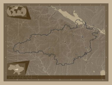 Kirovohrad, Ukrayna bölgesi. Yükseklik haritası sepya tonlarında göller ve nehirlerle renklendirilmiş. Bölgenin büyük şehirlerinin yerleri. Köşedeki yedek konum haritaları