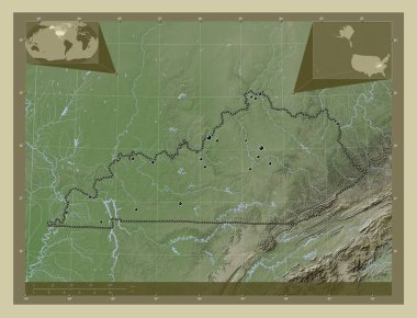 Kentucky, Amerika Birleşik Devletleri. Yükseklik haritası göller ve nehirlerle wiki tarzında renklendirilmiş. Bölgenin büyük şehirlerinin yerleri. Köşedeki yedek konum haritaları