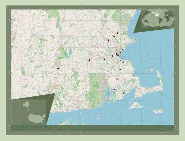 Massachusetts, Amerika Birleşik Devletleri. Açık Sokak Haritası. Bölgenin büyük şehirlerinin yerleri. Köşedeki yedek konum haritaları