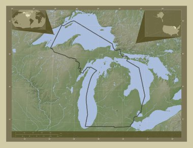 Michigan, Amerika Birleşik Devletleri. Yükseklik haritası göller ve nehirlerle wiki tarzında renklendirilmiş. Köşedeki yedek konum haritaları