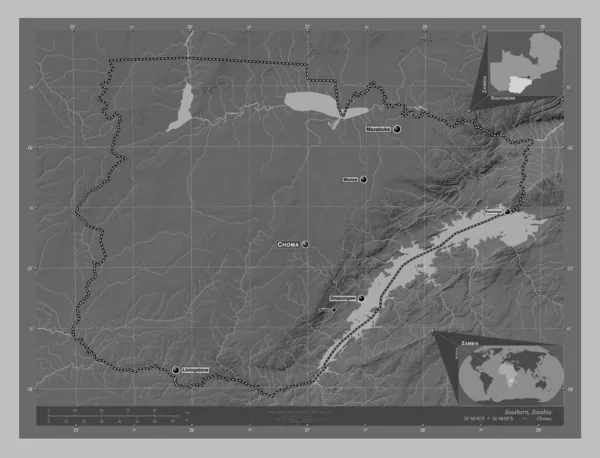 Southern Region Zambia Grayscale Elevation Map Lakes Rivers Locations Names — Stock Photo, Image