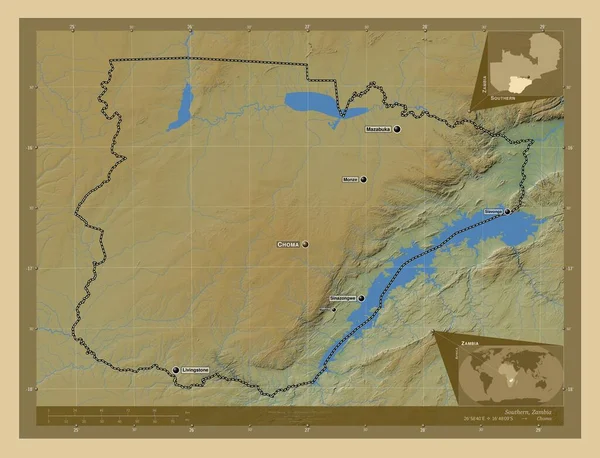 Південний Регіон Замбії Кольорові Карти Висот Озерами Річками Місця Розташування — стокове фото