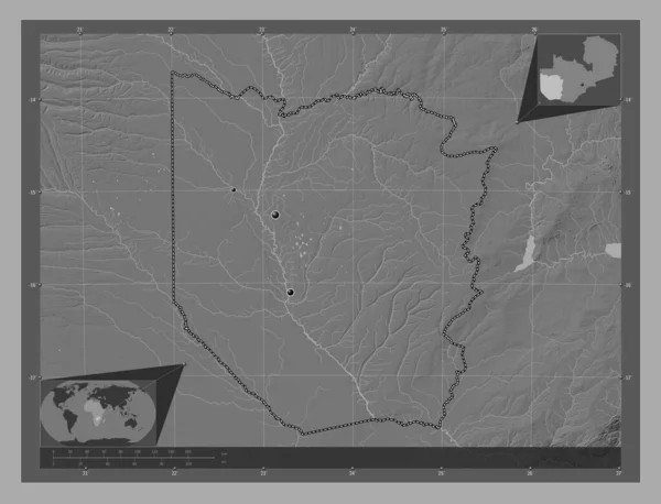 Oeste Región Zambia Mapa Elevación Bilevel Con Lagos Ríos Ubicaciones — Foto de Stock