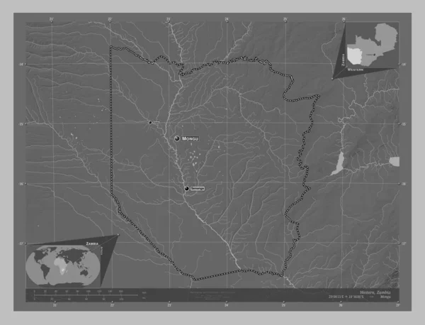 赞比亚地区 带有湖泊和河流的灰度高程图 该区域主要城市的地点和名称 角辅助位置图 — 图库照片