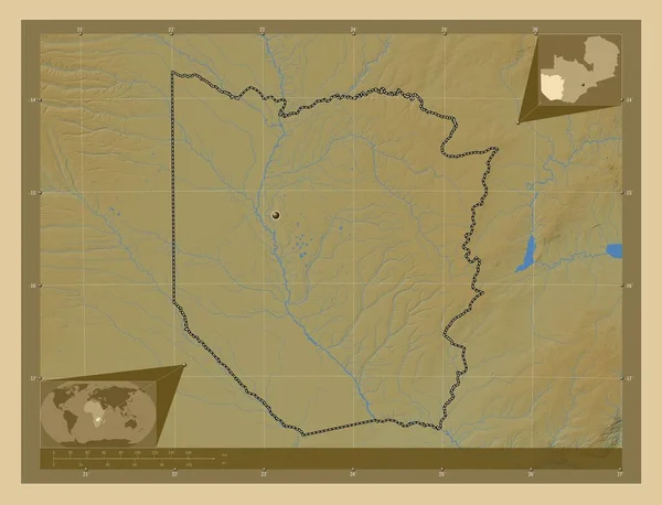 Західний Регіон Замбії Кольорові Карти Висот Озерами Річками Кутові Допоміжні — стокове фото