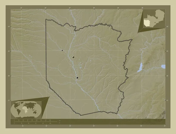 赞比亚地区 用Wiki风格绘制的带有湖泊和河流的高程地图 该区域主要城市的所在地点 角辅助位置图 — 图库照片