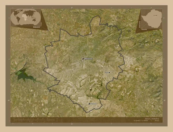 ジンバブエのハラレ 低解像度衛星地図 地域の主要都市の位置と名前 コーナー補助位置図 — ストック写真
