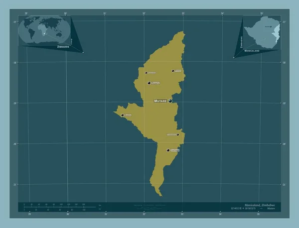 ジンバブエ共和国の首都 しっかりした色の形 地域の主要都市の位置と名前 コーナー補助位置図 — ストック写真