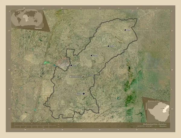 津巴布韦东部的Mashonaland省 高分辨率卫星地图 该区域主要城市的地点和名称 角辅助位置图 — 图库照片