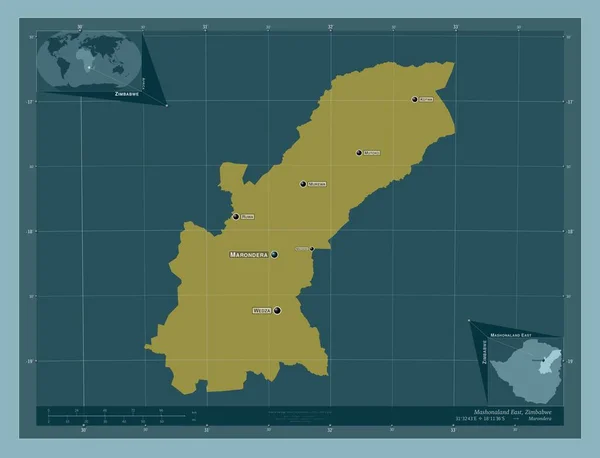 ジンバブエのマショナランド東部 しっかりした色の形 地域の主要都市の位置と名前 コーナー補助位置図 — ストック写真