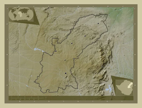 津巴布韦东部的Mashonaland省 用Wiki风格绘制的带有湖泊和河流的高程地图 该区域主要城市的所在地点 角辅助位置图 — 图库照片