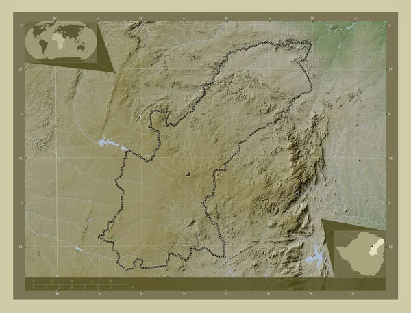 津巴布韦东部的Mashonaland省 用Wiki风格绘制的带有湖泊和河流的高程地图 角辅助位置图 — 图库照片