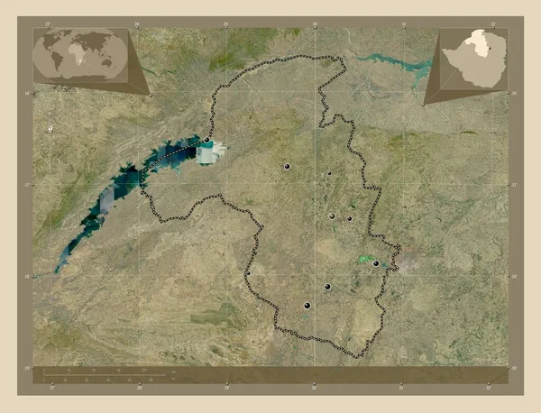 津巴布韦Mashonaland West省 高分辨率卫星地图 该区域主要城市的所在地点 角辅助位置图 — 图库照片