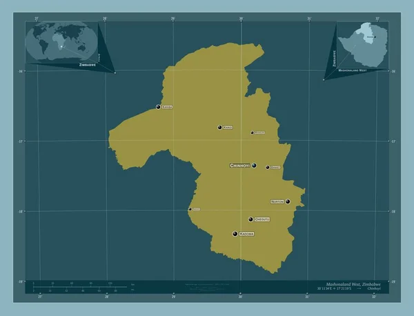 ジンバブエのマショナランド西部 しっかりした色の形 地域の主要都市の位置と名前 コーナー補助位置図 — ストック写真