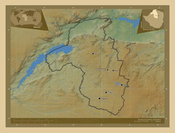 ジンバブエのマショナランド西部 湖や川と色の標高マップ 地域の主要都市の位置と名前 コーナー補助位置図 — ストック写真