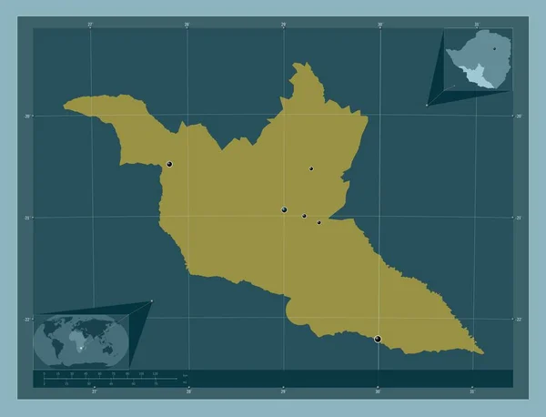 ジンバブエ共和国のマタベレランド南部 しっかりした色の形 地域の主要都市の場所 コーナー補助位置図 — ストック写真