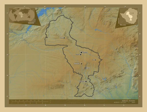 ジンバブエのミドランド州 湖や川と色の標高マップ 地域の主要都市の位置と名前 コーナー補助位置図 — ストック写真