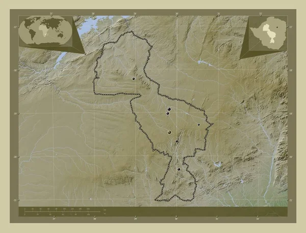 津巴布韦省米德兰市 用Wiki风格绘制的带有湖泊和河流的高程地图 该区域主要城市的所在地点 角辅助位置图 — 图库照片