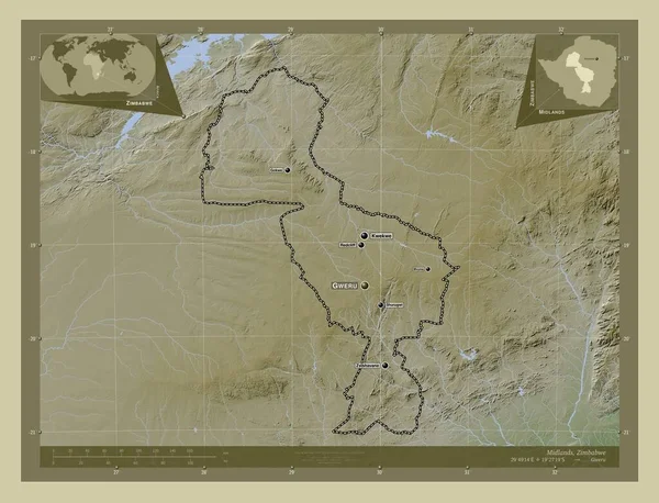 Midlands Επαρχία Ζιμπάμπουε Υψόμετρο Χάρτη Χρωματισμένο Στυλ Wiki Λίμνες Και — Φωτογραφία Αρχείου