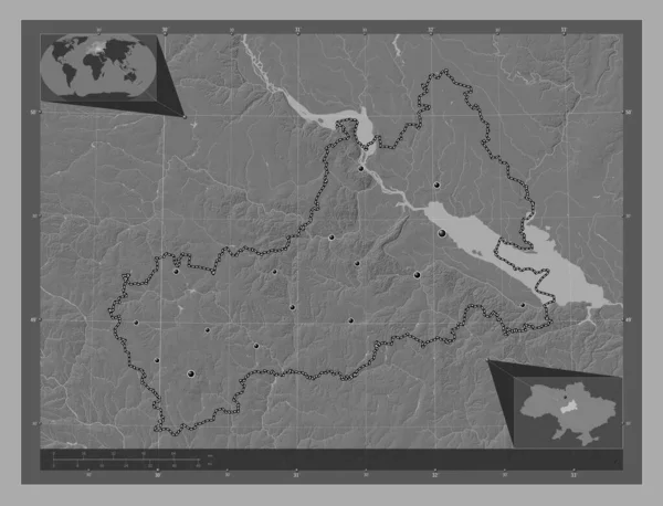 Cherkasy Region Ukraine Bilevel Elevation Map Lakes Rivers Locations Major — Stock Photo, Image