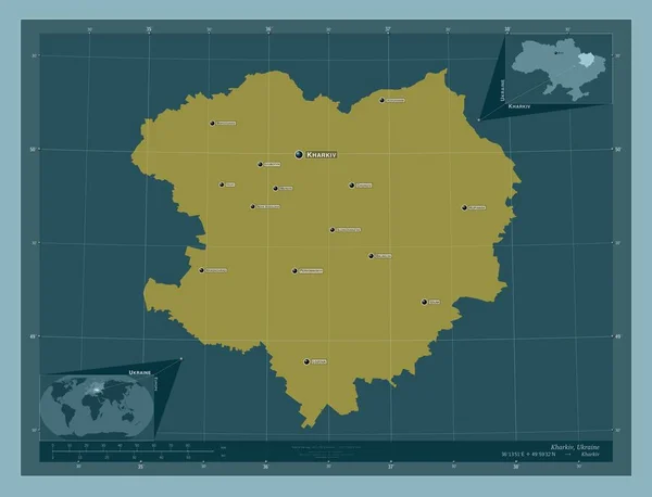 ハルキウ ウクライナの地域 しっかりした色の形 地域の主要都市の位置と名前 コーナー補助位置図 — ストック写真