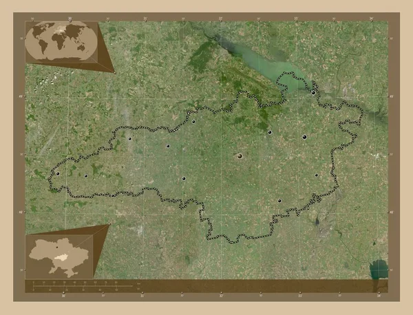 ウクライナの地域のKirovohrad 低解像度衛星地図 地域の主要都市の場所 コーナー補助位置図 — ストック写真