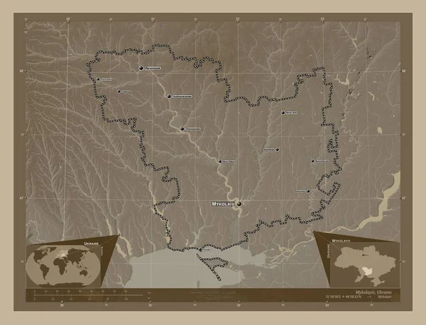 Николаев Область Украины Карта Высоты Окрашенная Сепиевые Тона Озерами Реками — стоковое фото