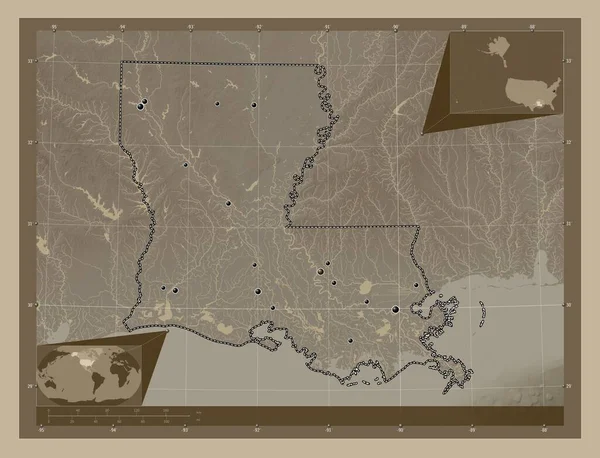 Louisiana, state of United States of America. Elevation map colored in sepia tones with lakes and rivers. Locations of major cities of the region. Corner auxiliary location maps