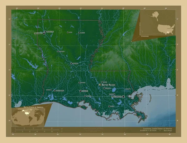 ルイジアナ州 アメリカ合衆国の州 湖や川と色の標高マップ 地域の主要都市の位置と名前 コーナー補助位置図 — ストック写真