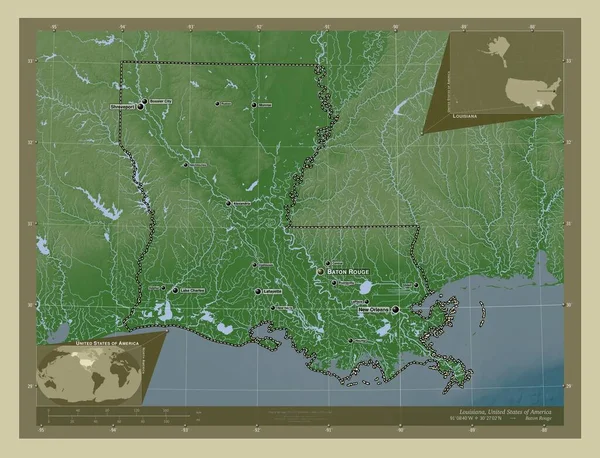 Louisiana Amerikai Egyesült Államok Magassági Térkép Színes Wiki Stílusban Tavak — Stock Fotó