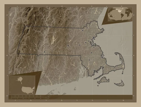 Massachusetts Stan Nowy Jork Mapa Elewacji Kolorowe Sepia Dźwięki Jeziorami — Zdjęcie stockowe