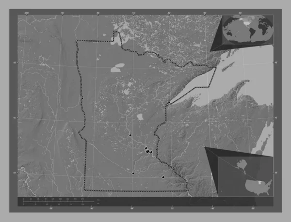ミネソタ州 アメリカ合衆国の州 湖や川と二階の標高マップ 地域の主要都市の場所 コーナー補助位置図 — ストック写真