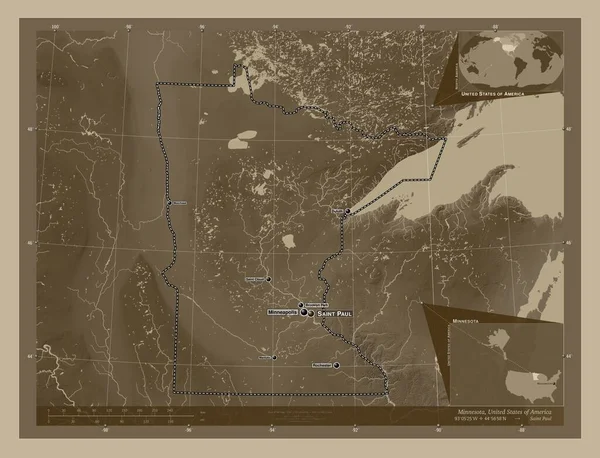 Minnesota Amerikai Egyesült Államok Magassági Térkép Színes Szépia Tónusok Folyók — Stock Fotó