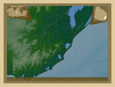 Rocha, Uruguay Departmanı. Gölleri ve nehirleri olan renkli yükseklik haritası. Köşedeki yedek konum haritaları