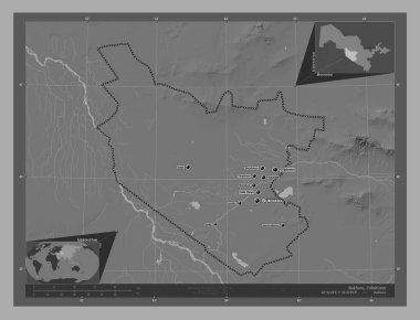 Bukhoro, Özbekistan bölgesi. Göllü ve nehirli çift katlı yükseklik haritası. Bölgenin büyük şehirlerinin yerleri ve isimleri. Köşedeki yedek konum haritaları