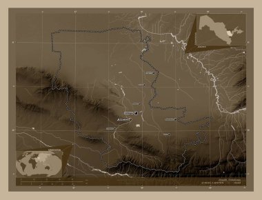 Jizzakh, Özbekistan bölgesi. Yükseklik haritası sepya tonlarında göller ve nehirlerle renklendirilmiş. Bölgenin büyük şehirlerinin yerleri ve isimleri. Köşedeki yedek konum haritaları