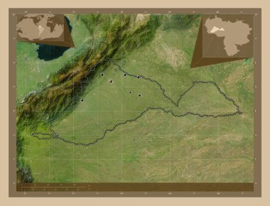 Barinas, Venezuela eyaleti. Düşük çözünürlüklü uydu. Bölgenin büyük şehirlerinin yerleri. Köşedeki yedek konum haritaları