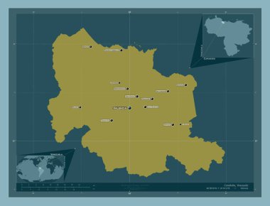Carabobo, Venezuela Eyaleti. Katı renk şekli. Bölgenin büyük şehirlerinin yerleri ve isimleri. Köşedeki yedek konum haritaları