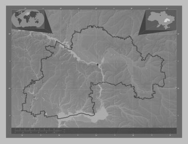 Dnipropetrovs 'k, Ukrayna bölgesi. Gölleri ve nehirleri olan gri tonlama yükseklik haritası. Köşedeki yedek konum haritaları