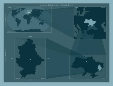 Donets 'k, Ukrayna bölgesi. Büyük ölçekli haritalarda bölgenin yerini gösteren diyagram. Katı bir arkaplan üzerinde vektör çerçevelerinin ve PNG şekillerinin bileşimi
