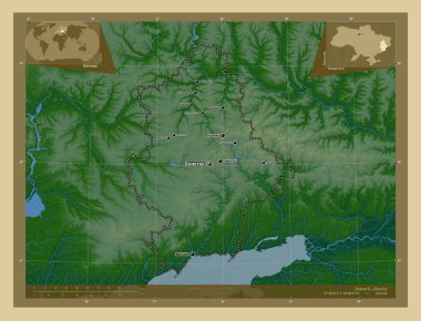 Donets 'k, Ukrayna bölgesi. Gölleri ve nehirleri olan renkli yükseklik haritası. Bölgenin büyük şehirlerinin yerleri ve isimleri. Köşedeki yedek konum haritaları