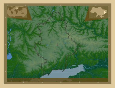 Donets 'k, Ukrayna bölgesi. Gölleri ve nehirleri olan renkli yükseklik haritası. Köşedeki yedek konum haritaları