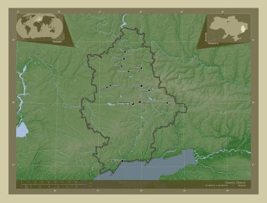 Donets 'k, Ukrayna bölgesi. Yükseklik haritası göller ve nehirlerle wiki tarzında renklendirilmiş. Bölgenin büyük şehirlerinin yerleri ve isimleri. Köşedeki yedek konum haritaları