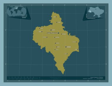 Ivano-Frankivs 'k, Ukrayna bölgesi. Katı renk şekli. Bölgenin büyük şehirlerinin yerleri ve isimleri. Köşedeki yedek konum haritaları