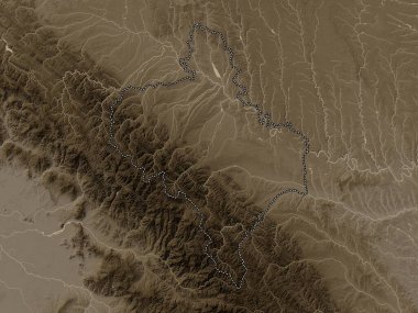 Ivano-Frankivs 'k, Ukrayna bölgesi. Yükseklik haritası sepya tonlarında göller ve nehirlerle renklendirilmiş