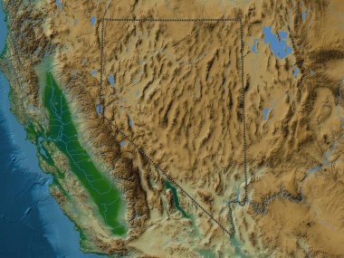 Nevada, Amerika Birleşik Devletleri. Gölleri ve nehirleri olan renkli yükseklik haritası