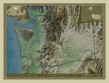 Washington, Amerika Birleşik Devletleri. Yükseklik haritası göller ve nehirlerle wiki tarzında renklendirilmiş. Bölgenin büyük şehirlerinin yerleri ve isimleri. Köşedeki yedek konum haritaları